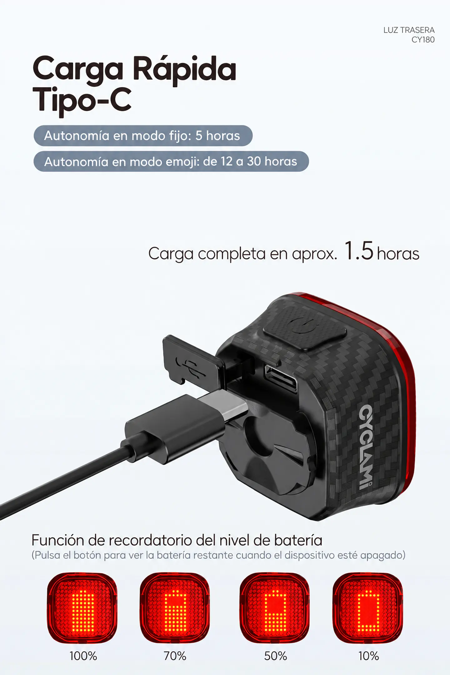 Luz Trasera Inteligente Bici 14 Patrones Sensor Freno USB-C 6