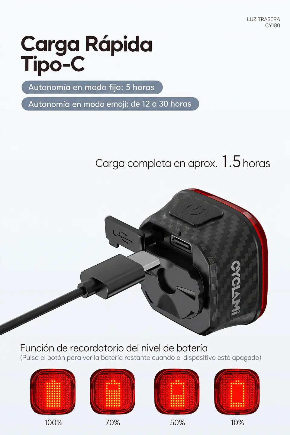 Luz Trasera Inteligente Bici 14 Patrones Sensor Freno USB-C 6