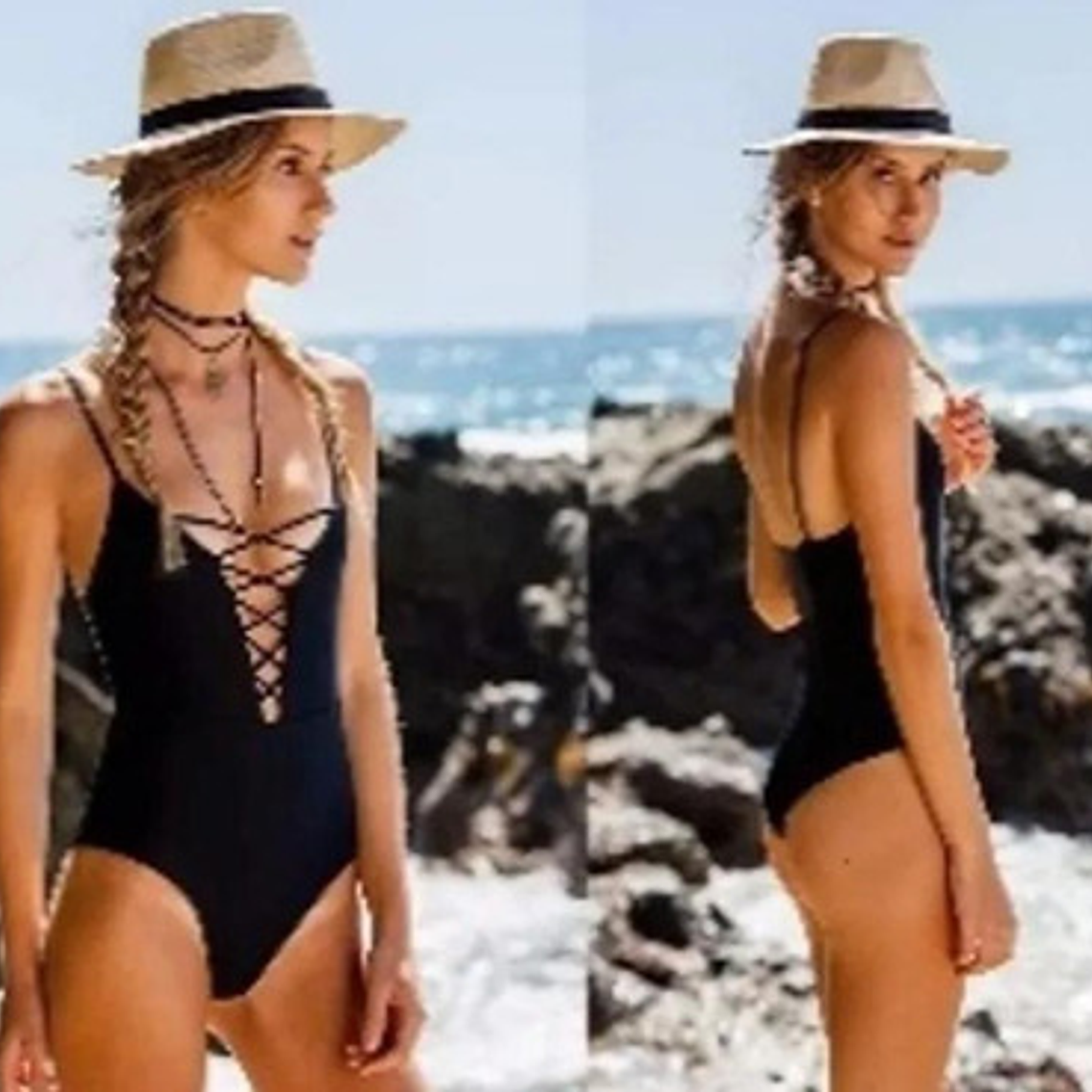 Traje De Baño Negro Corte V Profundo Cruzado 1