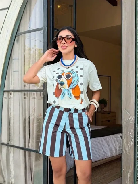Bermuda de Rayas para Mujer en Tela Drill Azul Bebé y Café