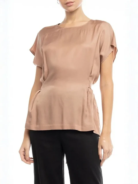 Blusa Americana de Seda Beige con Amarre para Mujer