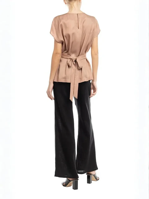 Blusa Americana de Seda Beige con Amarre para Mujer