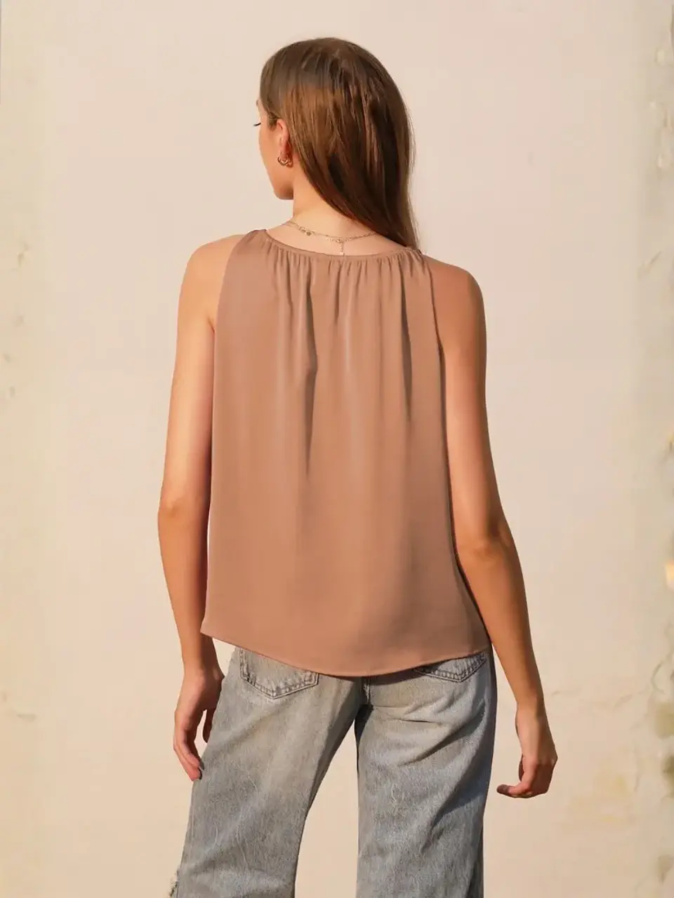 Blusa Americana de Seda Beige Camel para Mujer 3
