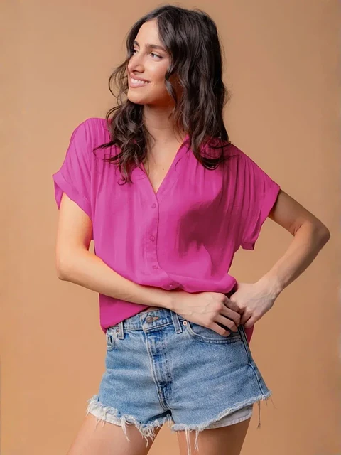 Blusa Americana de Seda Nude y Fucsia para Mujer