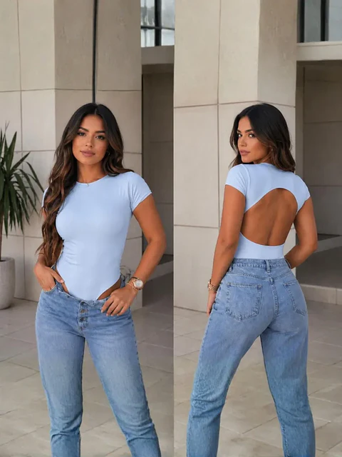 Body de Lycra Amarillo Mantequilla y Azul Bebé para Mujer