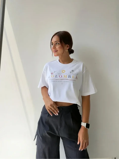 Camiseta Colombia Blanca con Bordado para Mujer