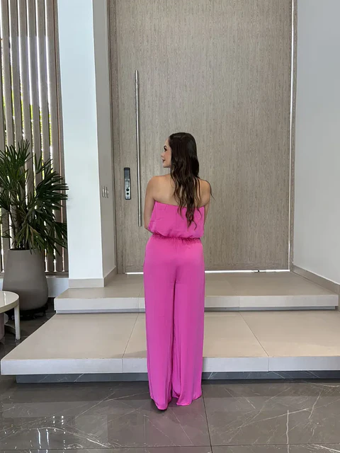 Crop Top Strapless Americano de Seda Fucsia