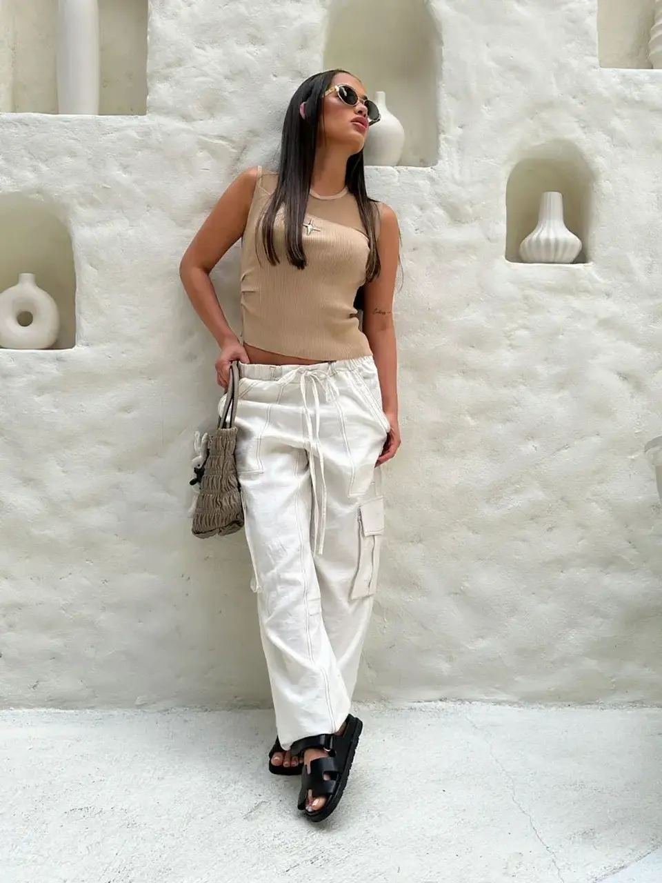 Pantalón Cargo Tipo Lino con Bolsillos para Mujer 1