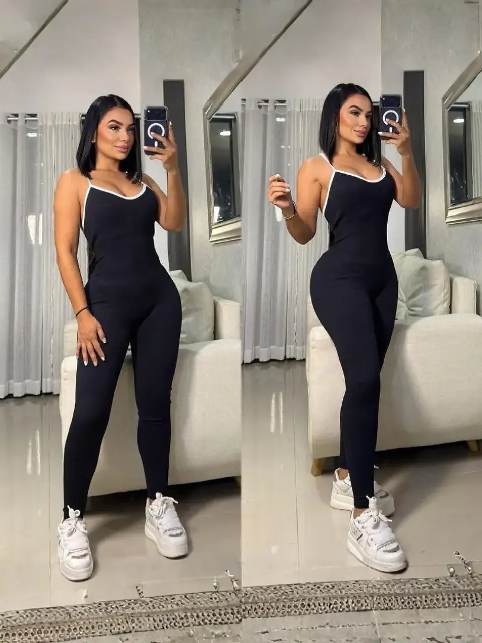 Enterizo de Pantalón en Licra Beige y Negro para Mujer 2