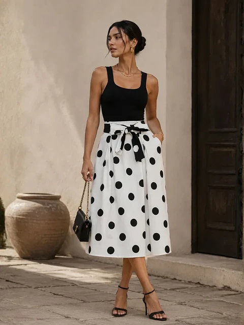 Falda Americana de Lunares Blanco y Negro para Mujer