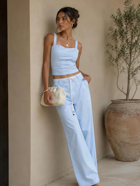 Set Americano de Pantalón y Crop Top Azul Bebé