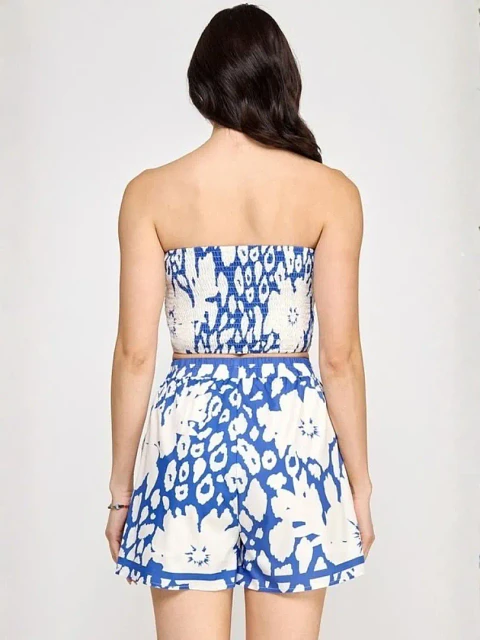 Set Americano de Short y Blusa Strapless Azul y Blanco