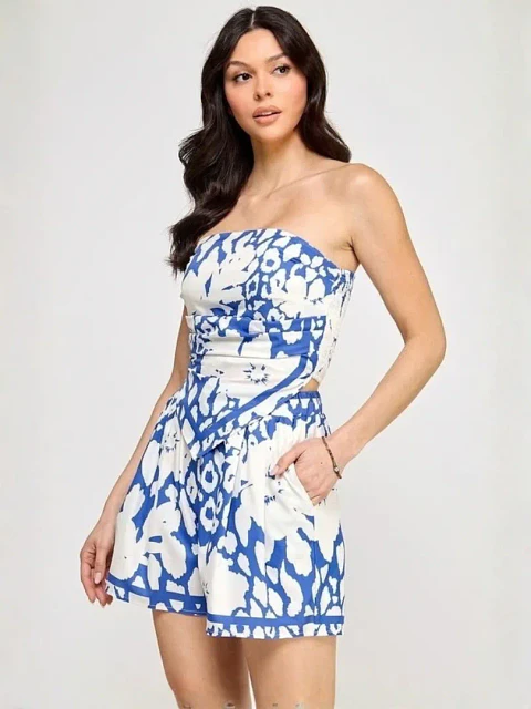 Set Americano de Short y Blusa Strapless Azul y Blanco