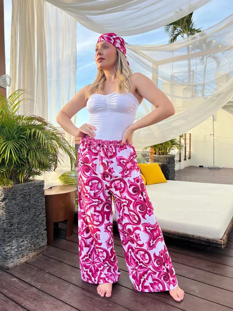 Pantalón Estampado Amarillo y Fucsia en Tela Blessed