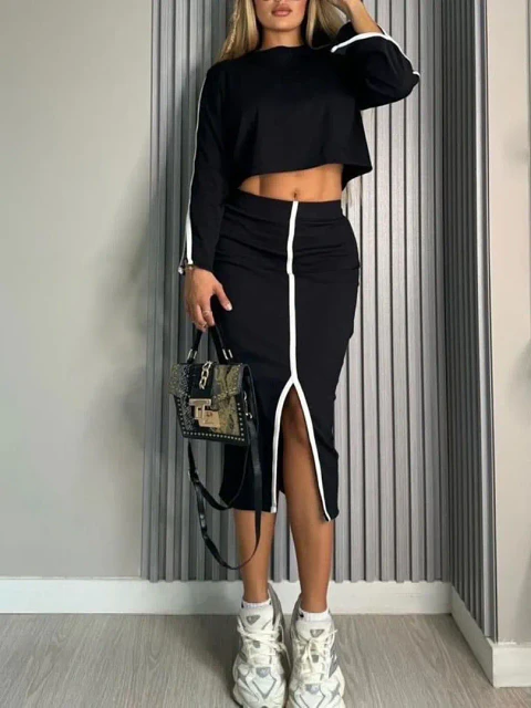 Set de Falda y Crop Top Manga Larga en Rib para Mujer