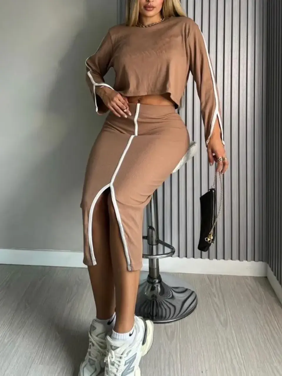 Set de Falda y Crop Top Manga Larga en Rib para Mujer 2