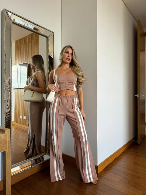 Set de Pantalón y Top Beige en Punto de Roma