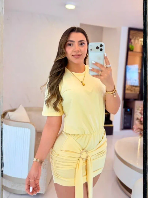 Vestido de Algodón con Hebilla Amarillo Mantequilla