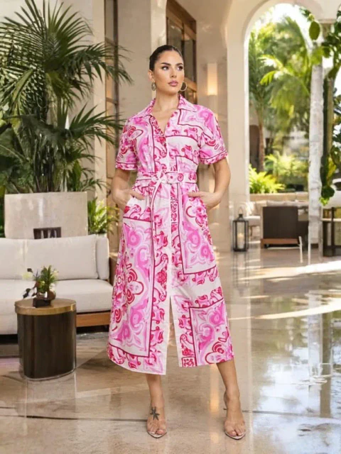 Vestido Americano Estampado con Cinturón para Mujer