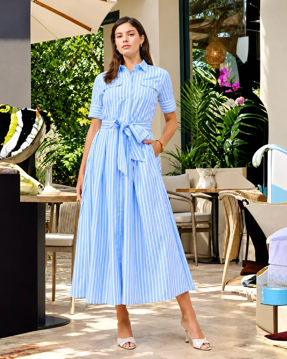 Vestido Americano de Rayas Azul y Café para Mujer 1