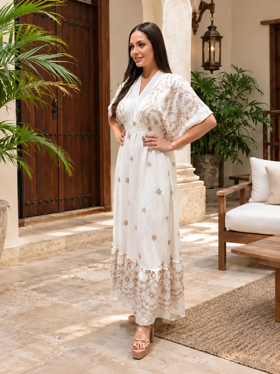 Vestido Americano Floral Blanco y Beige para Mujer 1