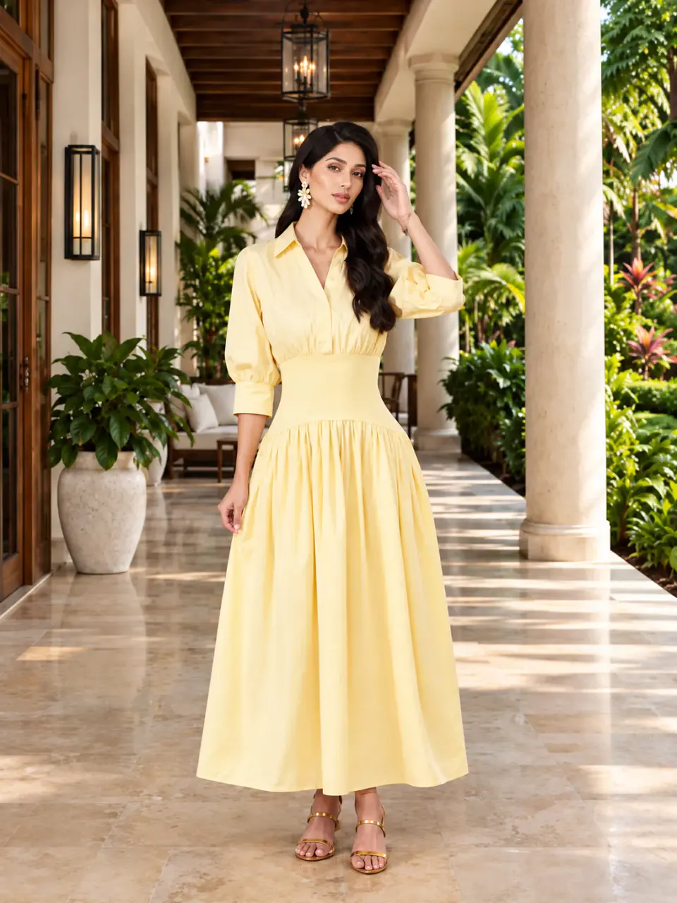 Vestido Americano Largo Entallado Amarillo Mantequilla y Champagne 1