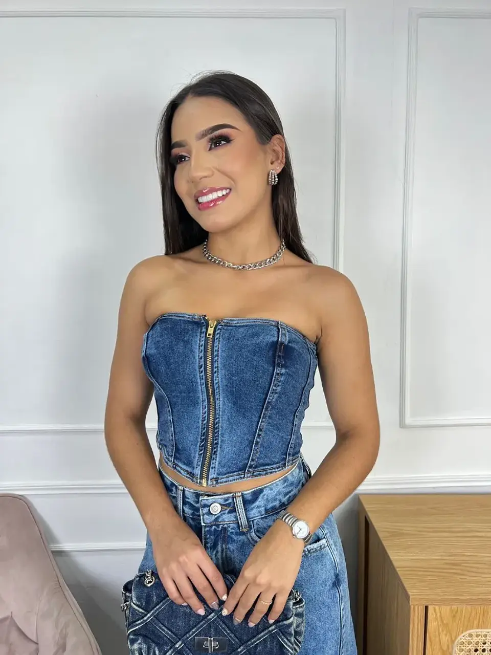 Set Jean Strapless con Cremallera Azul Oscuro 2
