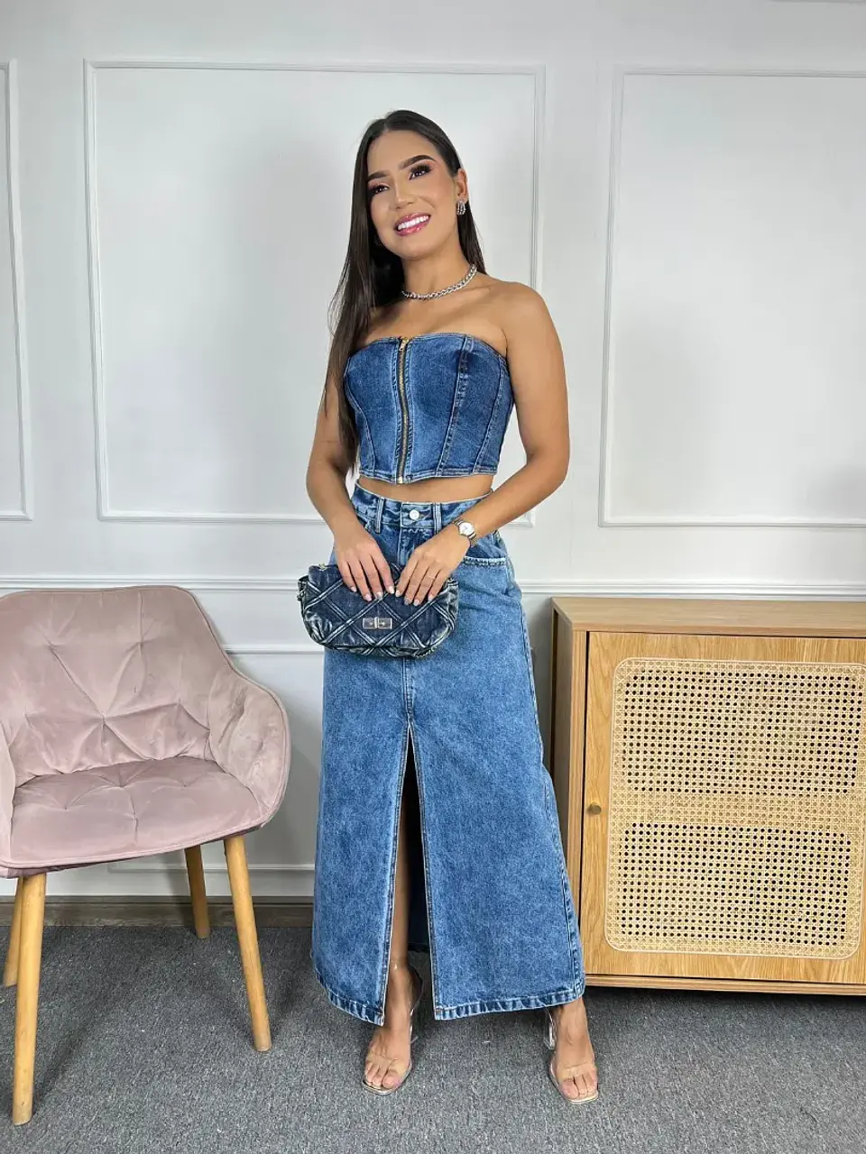 Set Jean Strapless con Cremallera Azul Oscuro 1