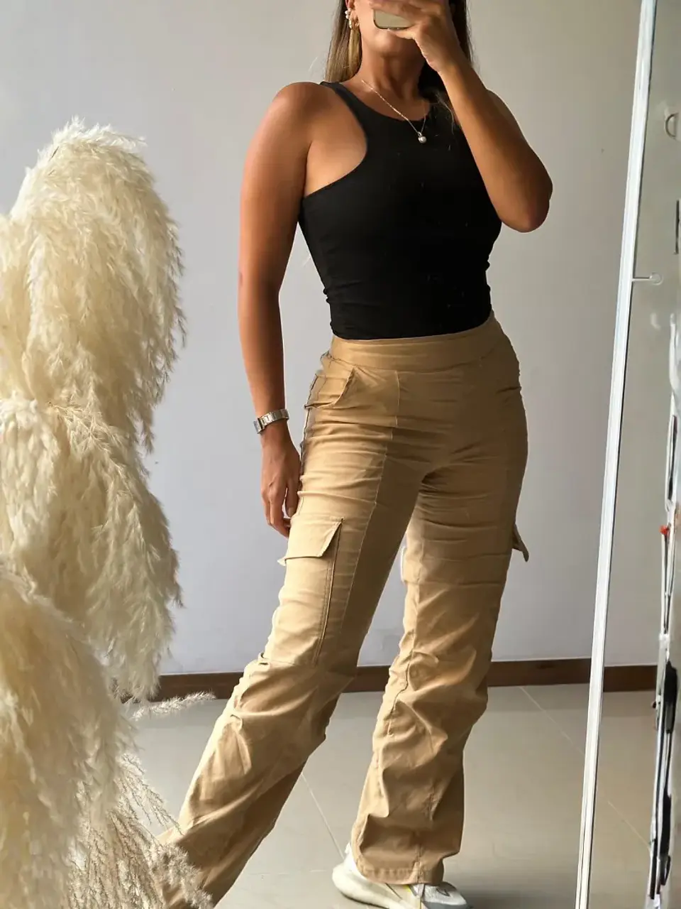 Pantalón Cargo Beige en Bengalina Stretch para Mujer 1