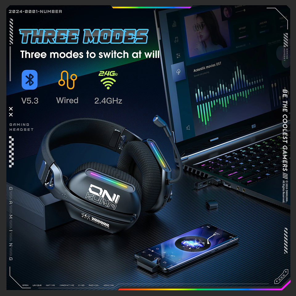 Audífonos Gamer Inalámbricos Onikuma GT808 RGB 3 Modos 2