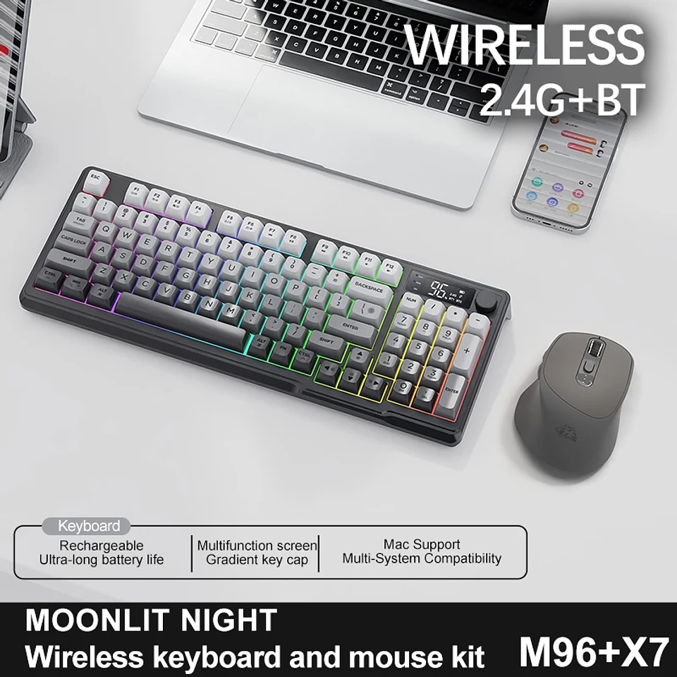 Teclado Inalámbrico FreeWolf M96 con Pantalla y Luces RGB 10