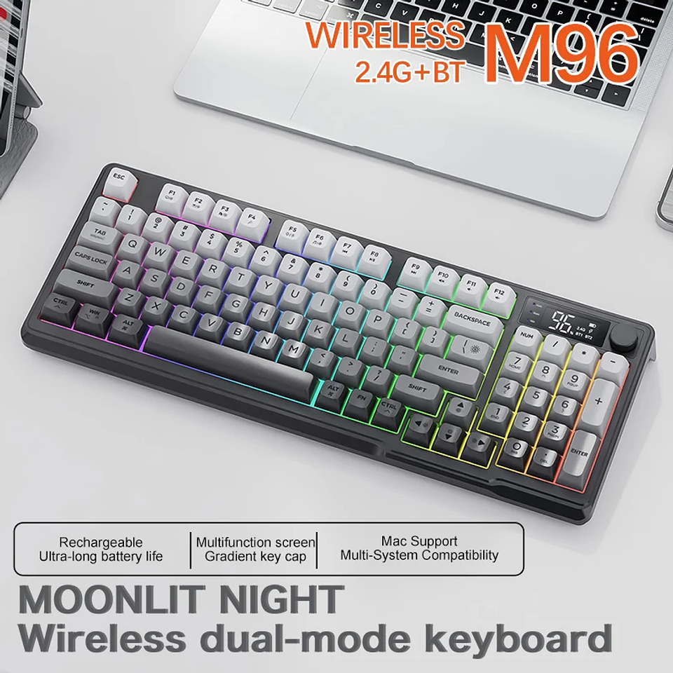 Teclado Inalámbrico FreeWolf M96 con Pantalla y Luces RGB 16