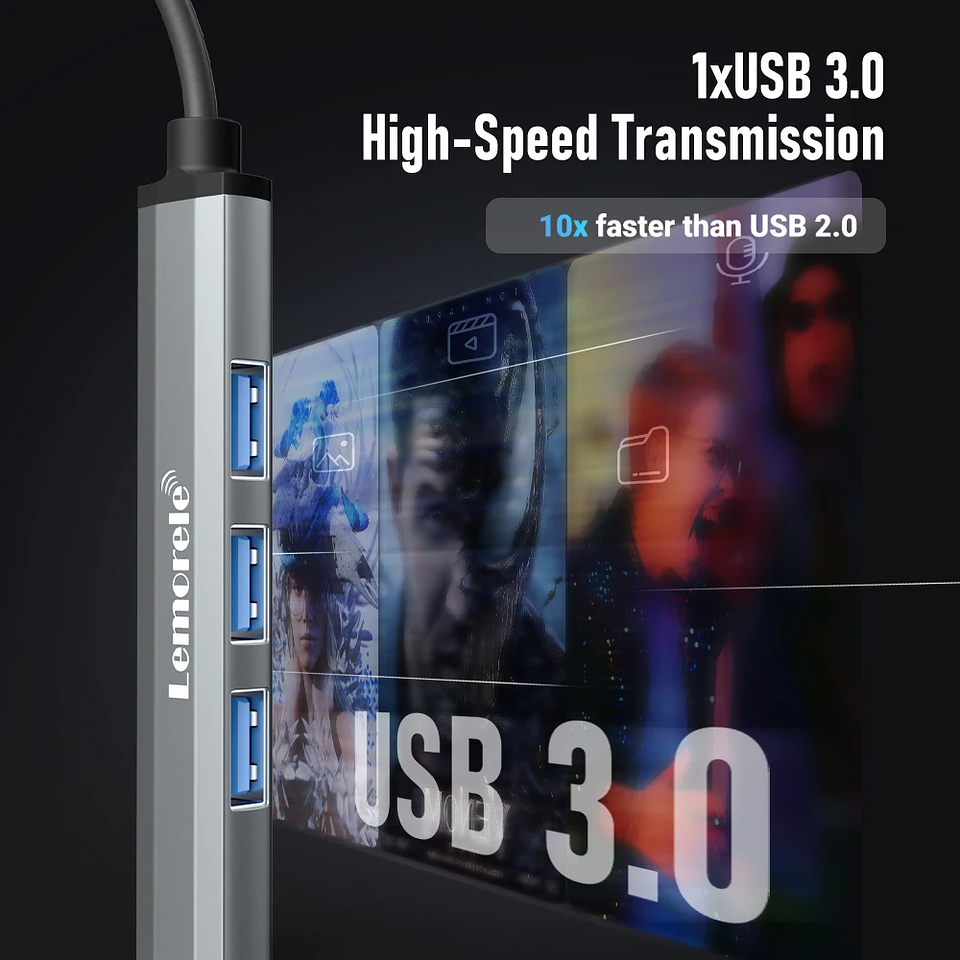 Hub USB 4 en 1 Lemorele USB 3.0 con Cable Largo 2