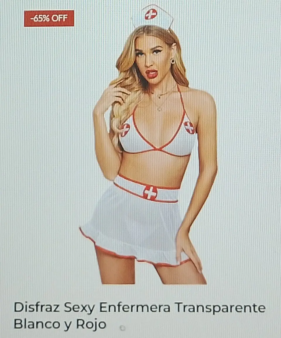 Disfraz sexy enfermera transparente blanco y rojo 1
