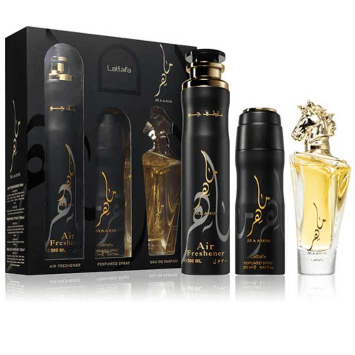 Estuche Maahir Lattafa Edp 100ML+200ML Perfume Spray + 300ML Air Freshener Unisex 1