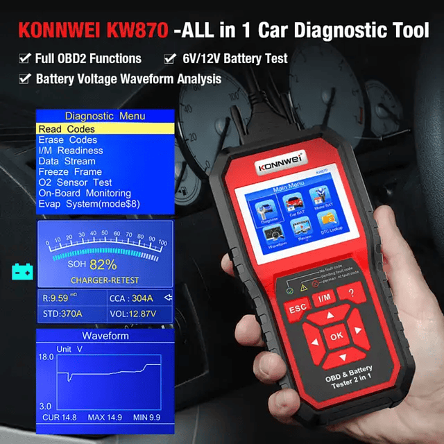 Escaner Automotriz Konnwei Kw870 Obd2 Con Probador Baterias