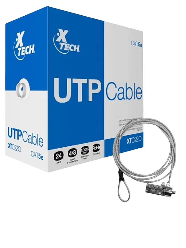 Xtech Kit Bobina UTP Cat 5E 305 Mts + Candado de Seguridad con Clave  1