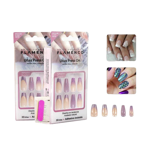 Uñas Press On Flamenco 30 Piezas Diseño Natural - flamenco | Chuy's Beautys