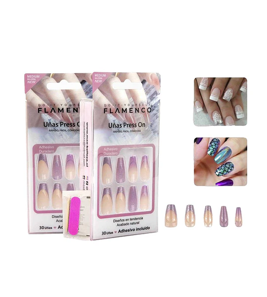 Uñas Press On Flamenco 30 Piezas Diseño Natural