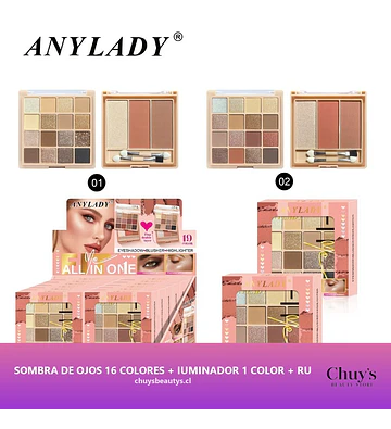 Sombra de Ojos 16 Colores + Iuminador 1 Color + Rubor 2 Colores - Chuys Beautys | Chuy's Beautys Store