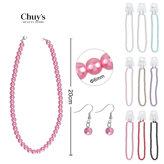 Collar De Perlas Rosa Con Aretes