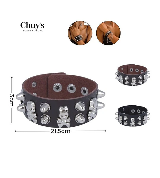Pulsera De Cuero Con Calaveras