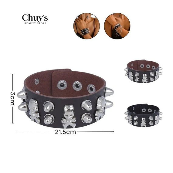 Pulsera De Cuero Con Calaveras