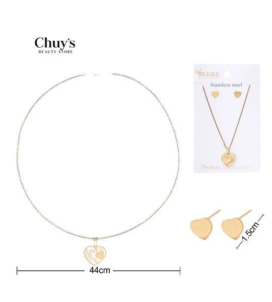 Set Collar y Aretes Corazón Dorado