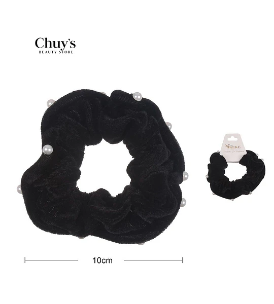 Scrunchie De Terciopelo Negro Con Perlas