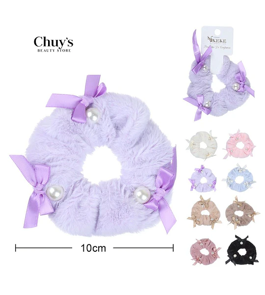 Scrunchie De Peluche Con Lazo Y Perla