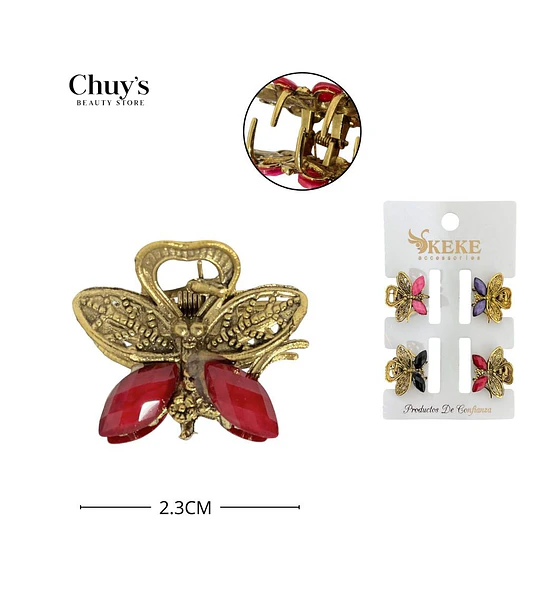 Pinza Mariposa Dorada con Piedras Rojas