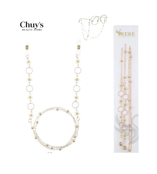 Cadena para lentes con perlas y flores