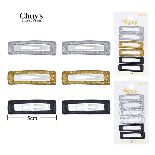 Pinches cuadrados con purpurina 6 piezas - Chuys Beautys | Chuy's Beautys