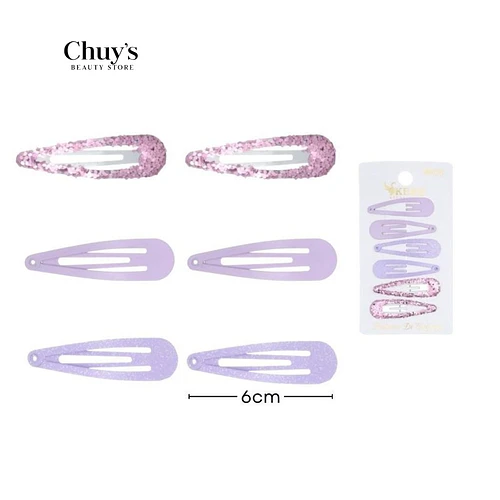 Pinches violetas con purpurina y estampados 6pcs 6cm - Chuys Beautys | Chuy's Beautys